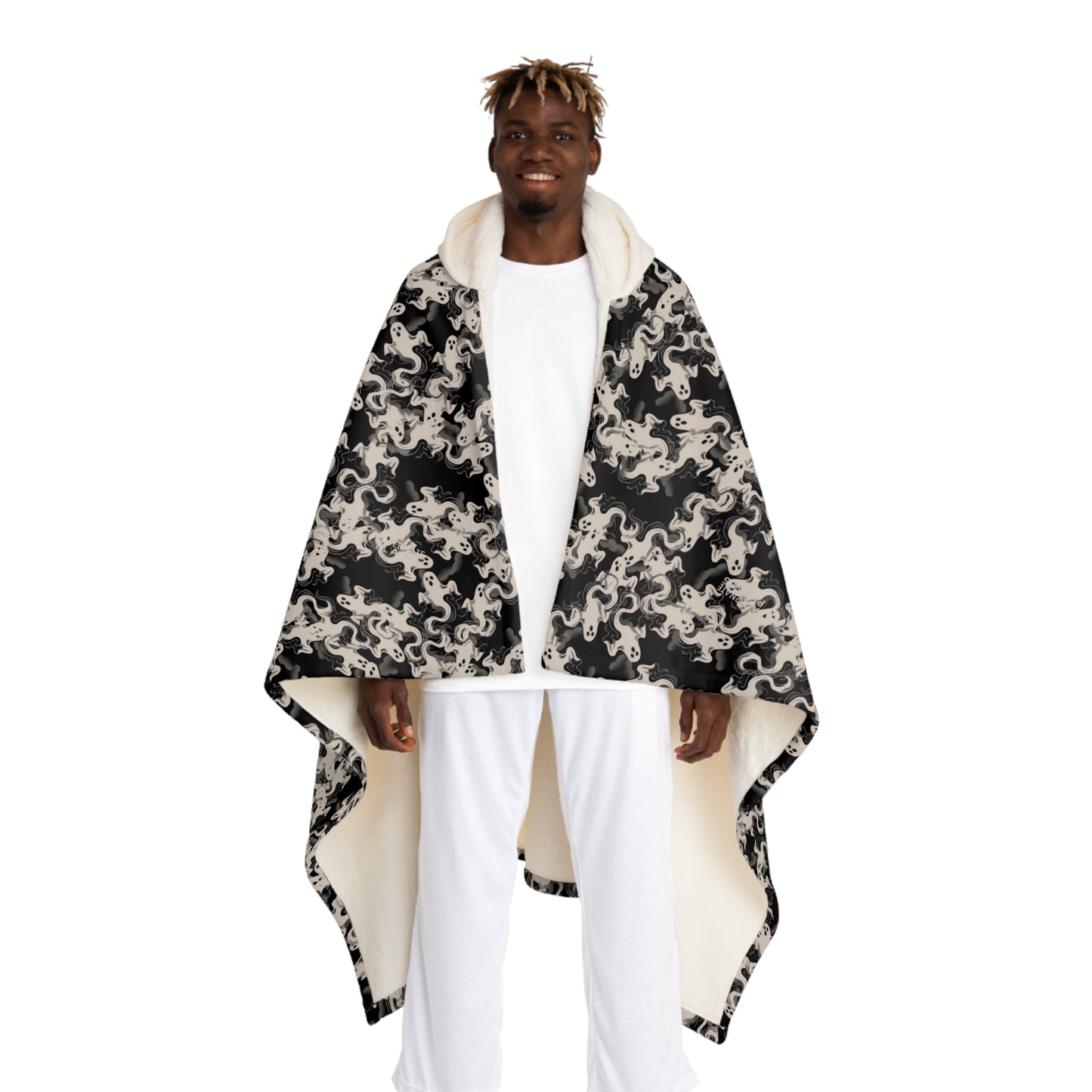 Hooded Sherpa Fleece Blanket – Ghost Camouflage Design | Cozy Halloween Throw, Spooky Ghost Pattern, Gothic Paranormal Aesthetic