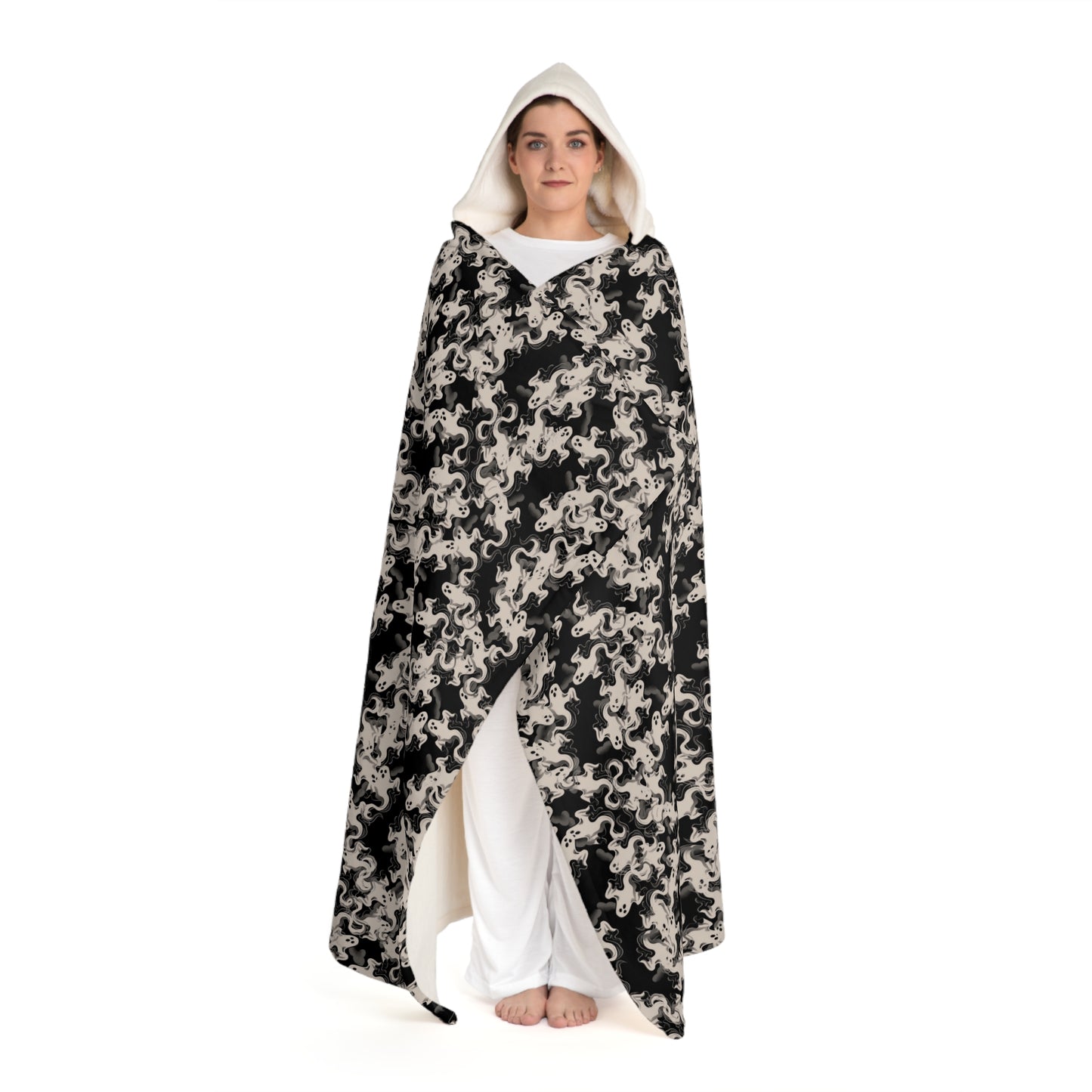 Hooded Sherpa Fleece Blanket – Ghost Camouflage Design | Cozy Halloween Throw, Spooky Ghost Pattern, Gothic Paranormal Aesthetic