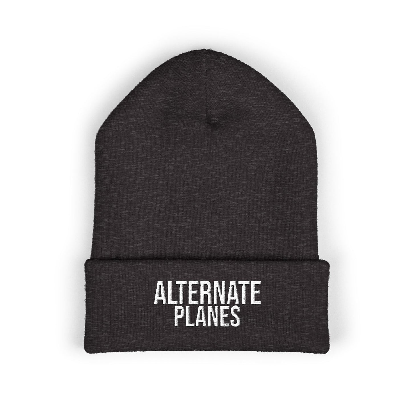 Embroidered "Alternate Planes" Cuffed Beanie — Knit Winter Hat