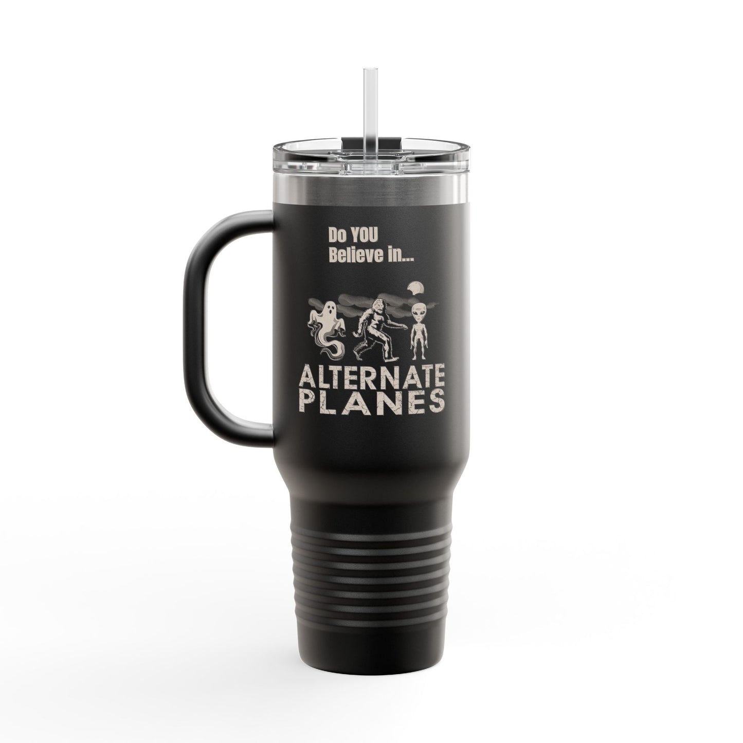 Stylish Insulated Travel Mug with Straw, Perfect for Coffee Lovers, Outdoors, Gifts, Do You Believe in Alternate Planes?