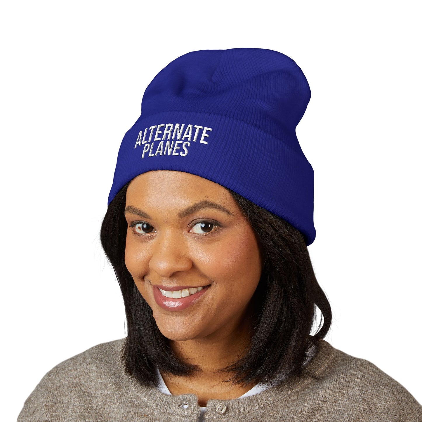 Embroidered "Alternate Planes" Cuffed Beanie — Knit Winter Hat