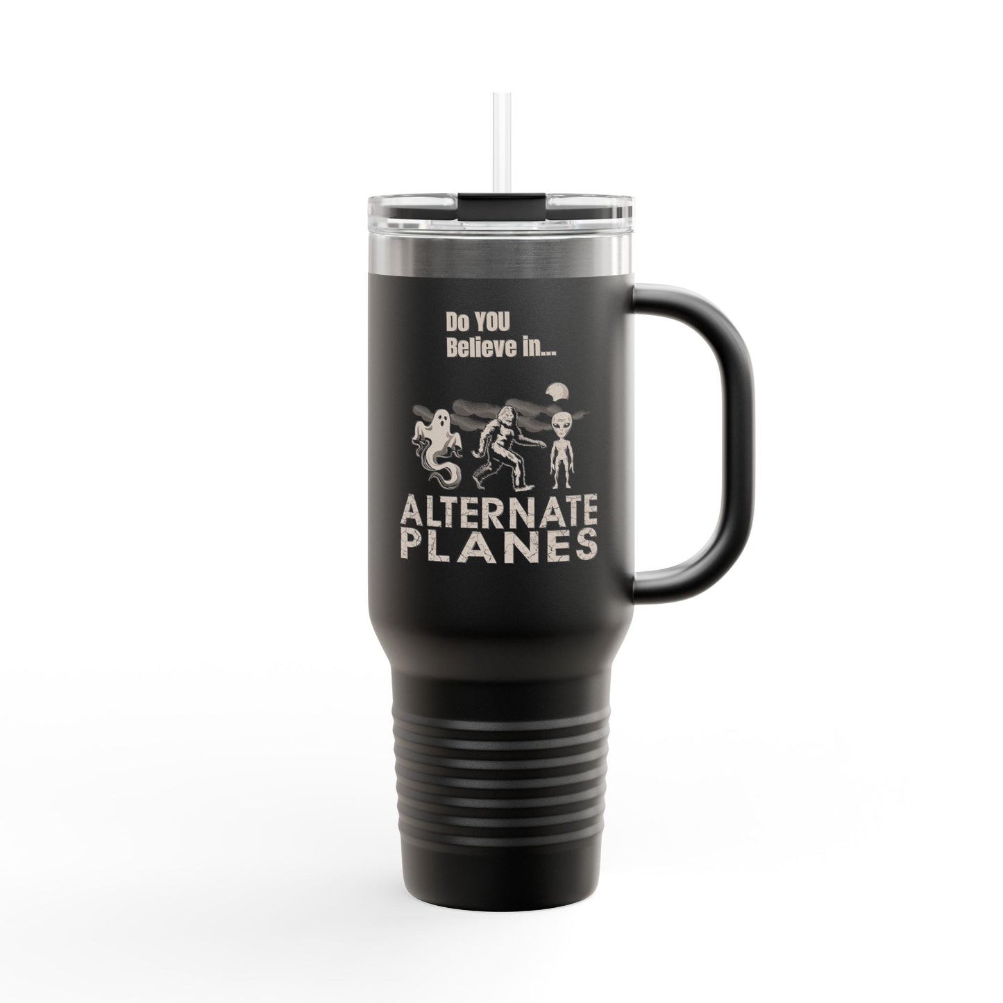 Stylish Insulated Travel Mug with Straw, Perfect for Coffee Lovers, Outdoors, Gifts, Do You Believe in Alternate Planes?