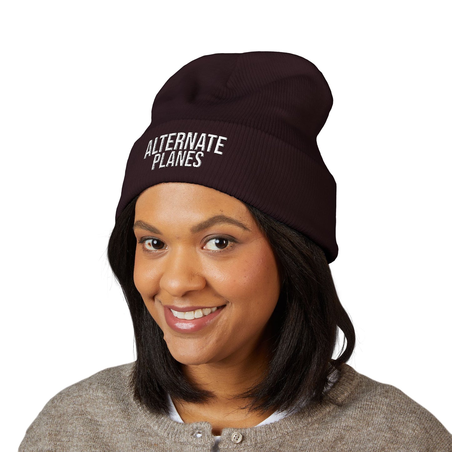 Embroidered "Alternate Planes" Cuffed Beanie — Knit Winter Hat