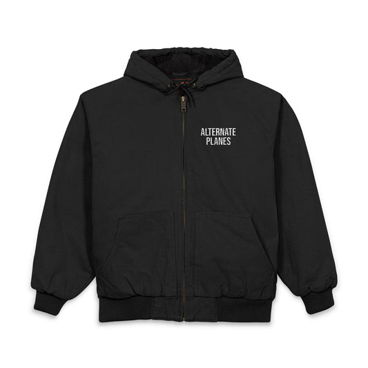 Embroidered Hooded Work Jacket – "Adventure Awaits" Chest Patch