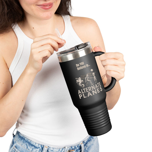 Stylish Insulated Travel Mug with Straw, Perfect for Coffee Lovers, Outdoors, Gifts, Do You Believe in Alternate Planes?